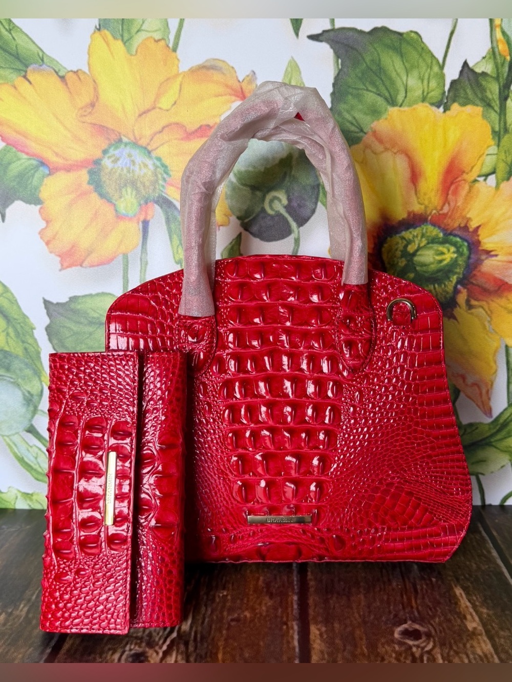 BRAHMIN SRIRACHA RED ROSETTA SATCHEL & BRAHMIN CORDELIA WALLET SRIRACHA RED NWT